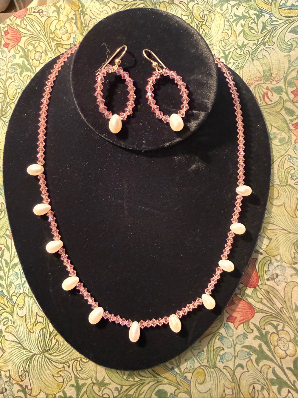 Swarovski & Pearls Set Artisan pale peach Crystal Necklace Earrings 14k GF 19.5”